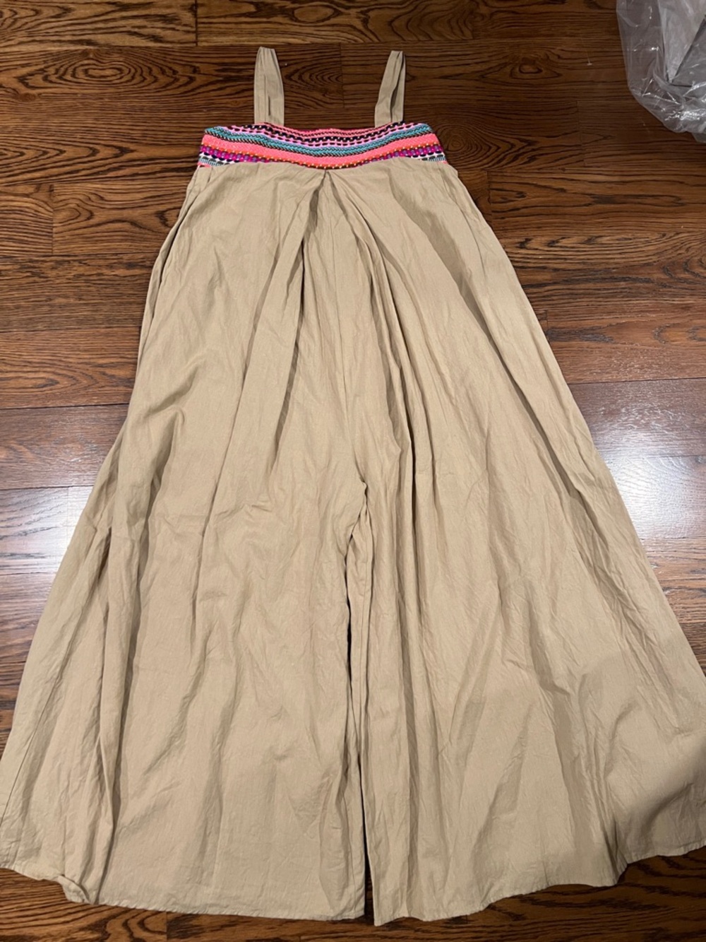 Beige Wide-Leg Jumpsuit with Colorful Embroidered band